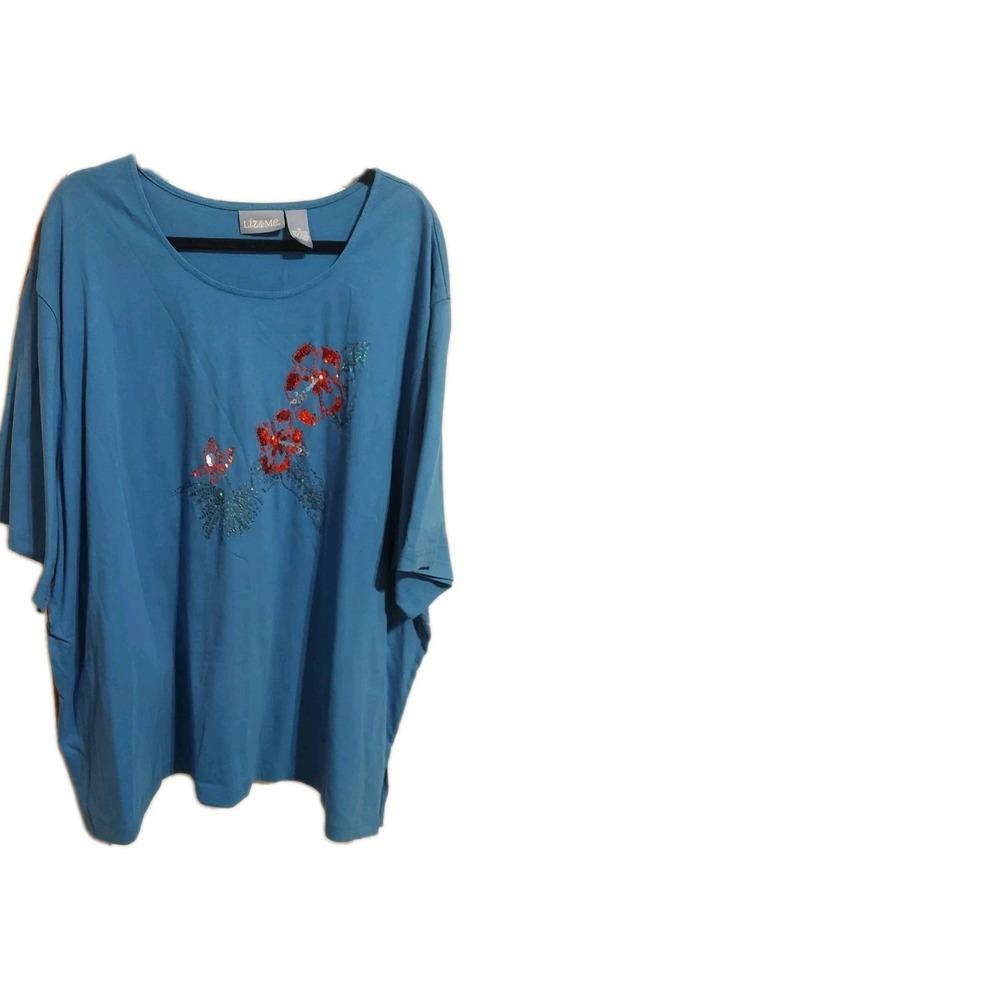 Liz & Me Pull Over Blue Knit Short Sequenced Red Blue  5XL Short‎ Sleeves Top